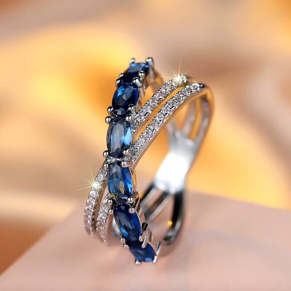 NEW 14K White Gold Sapphire Diamond Ring Band - Picture 1 of 4